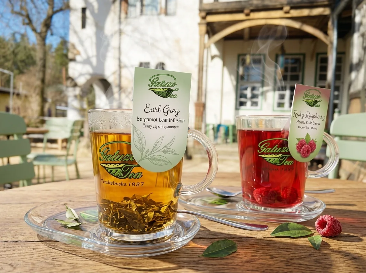 Čaje Gatuzo Earl Grey a Malina v pyramidových sáčcích ve skleněných šálcích